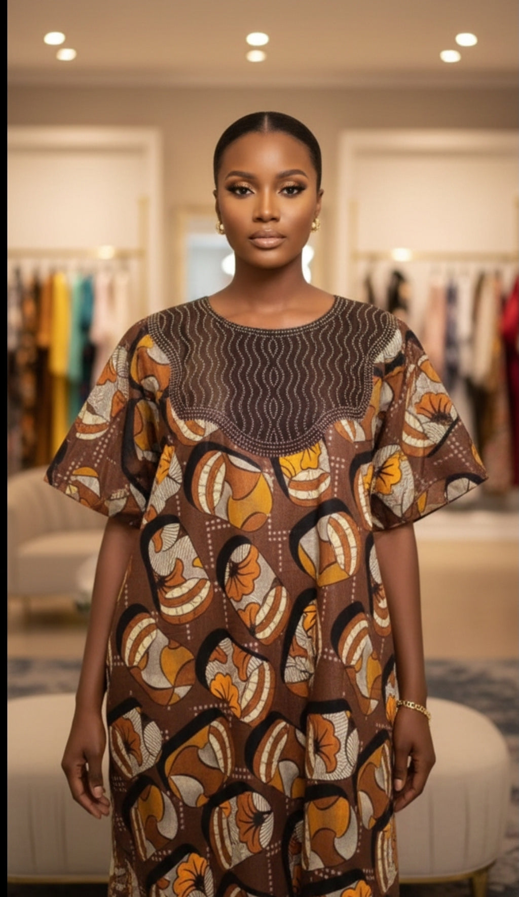 Long Brown Nigerian Bubu dress with Rhinestones
