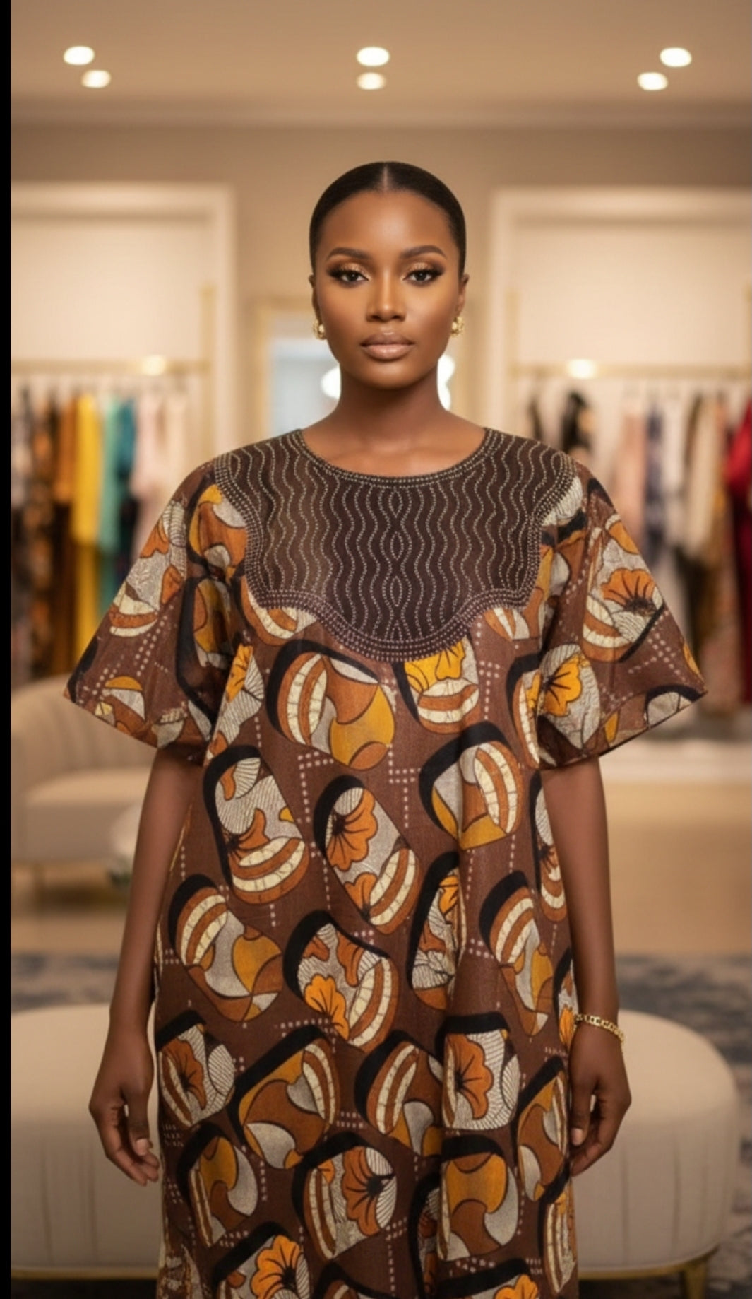 Long Brown Nigerian Bubu dress with Rhinestones